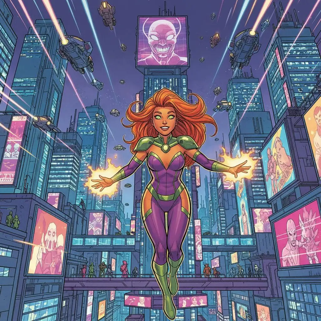 Starfire exploring futuristic cityscape, neon lights, comic art style
