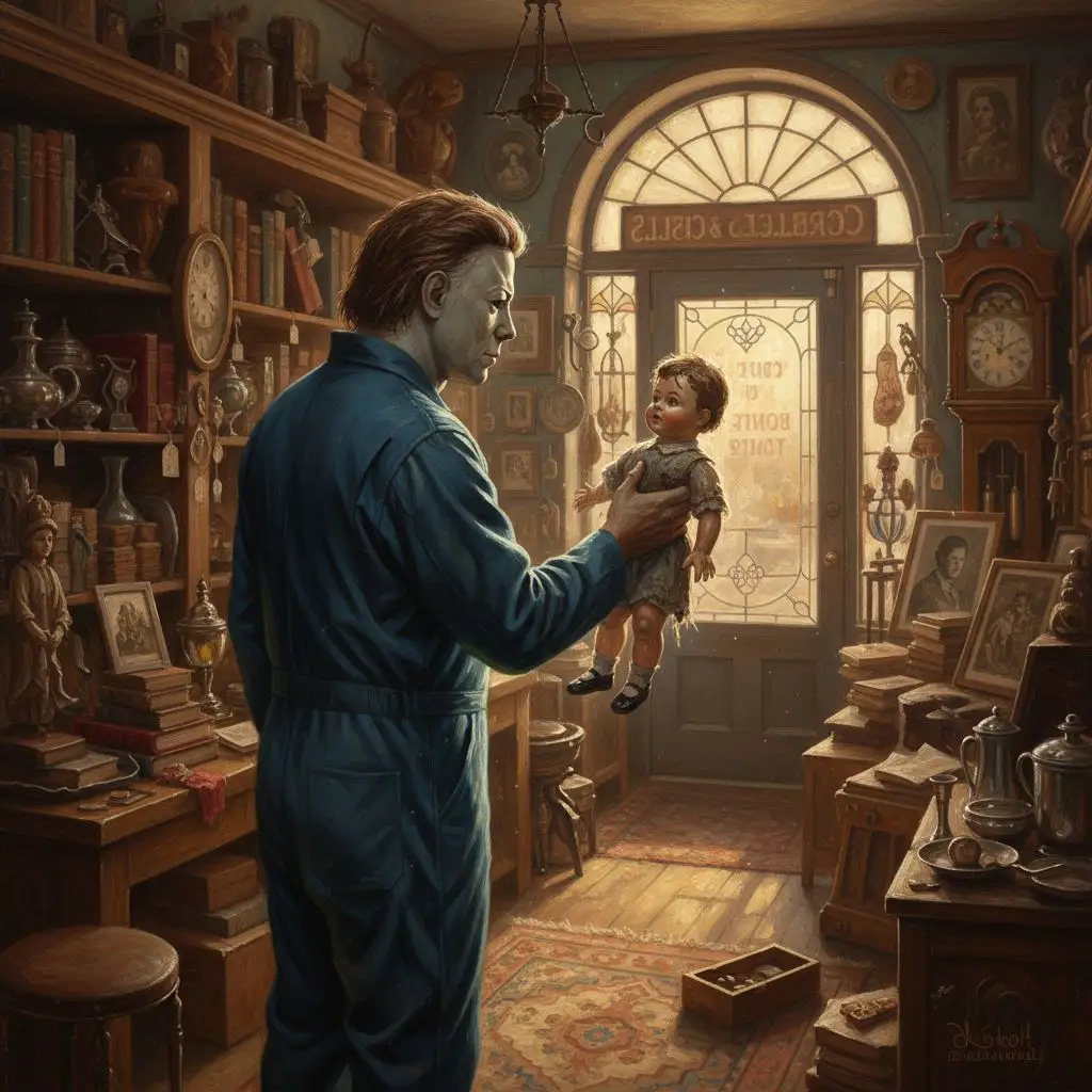 Michael Myers in an antique shop holding a doll, oil painting style.