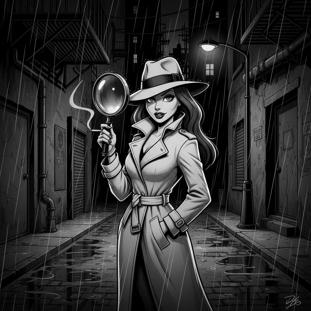 Jessica Rabbit as a film noir detective in a rainy city alley.