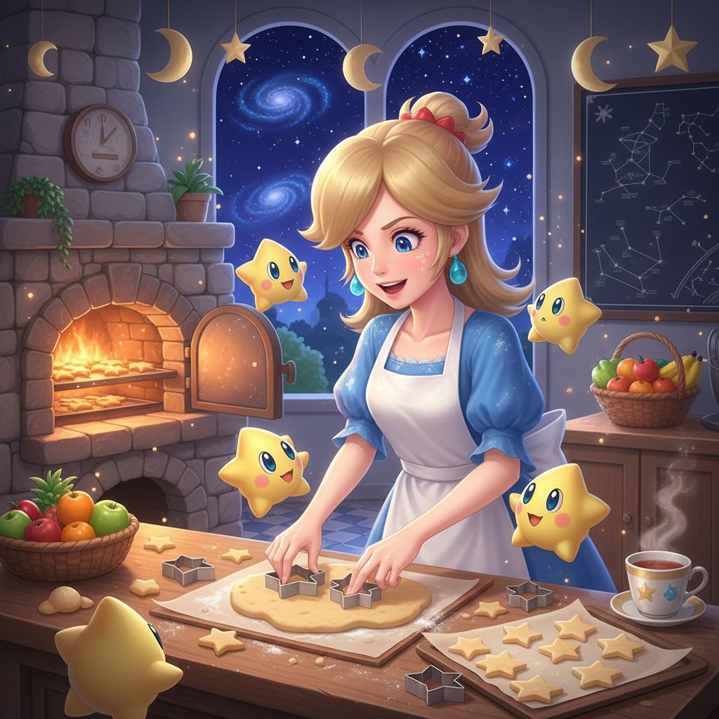 Rosalina baking star-shaped cookies in a starlit kitchen.