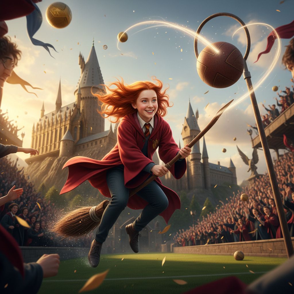 Ginny Weasley scoring a Quidditch goal on her broomstick, fan art.