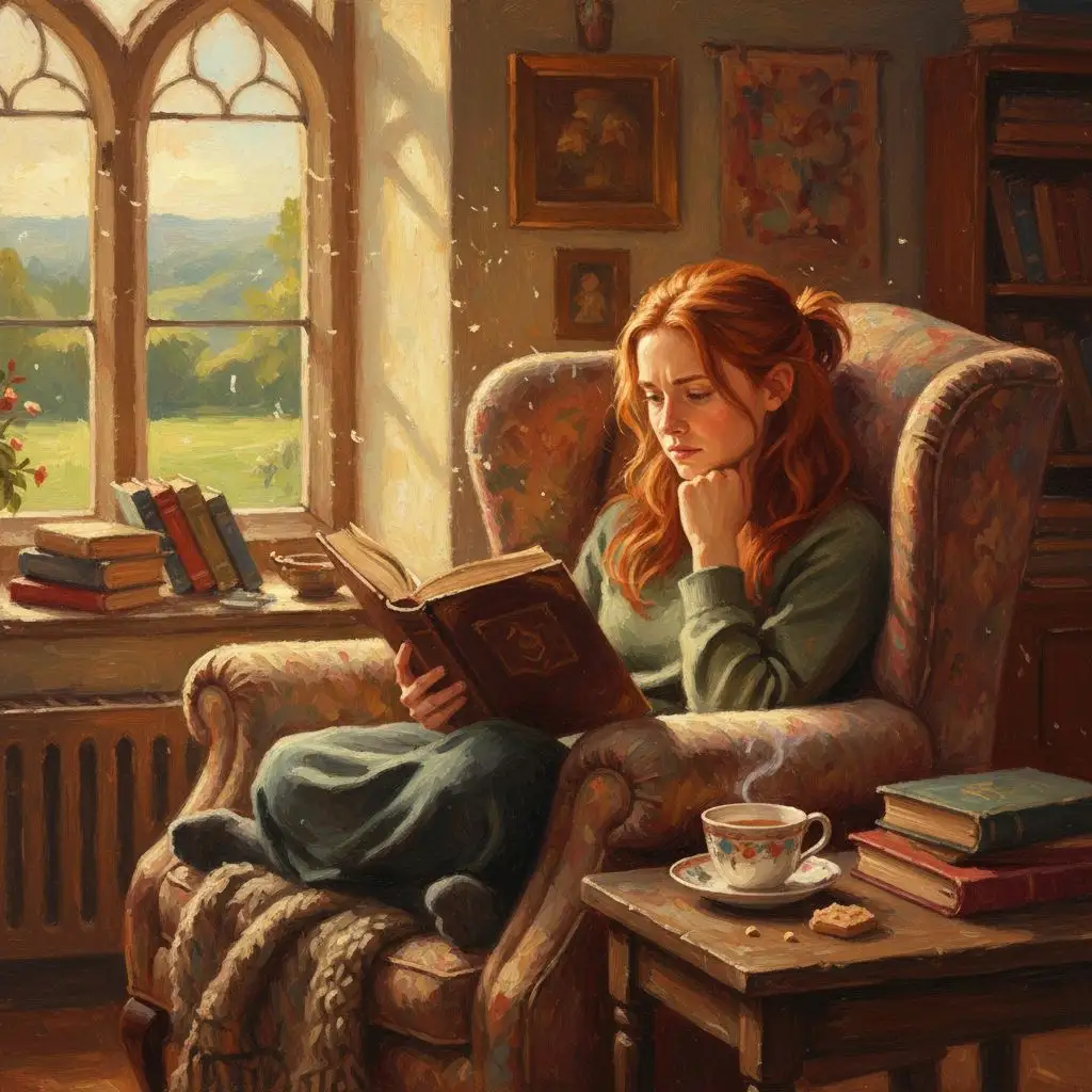 Ginny Weasley reading a book in a cozy armchair at the Burrow, fan art.