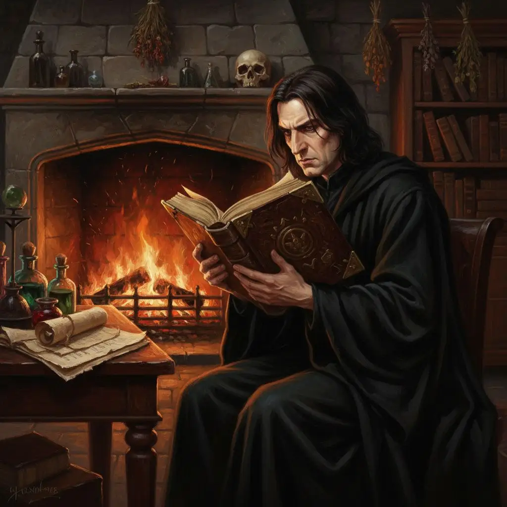 Severus Snape reading a spellbook by a fireplace.