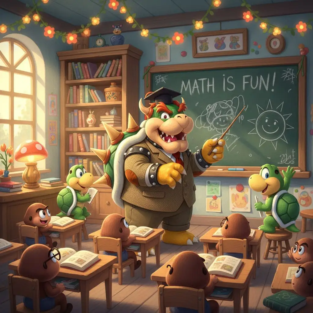 Bowser teaching Goombas and Koopas in a whimsical classroom, Bowser fan art.