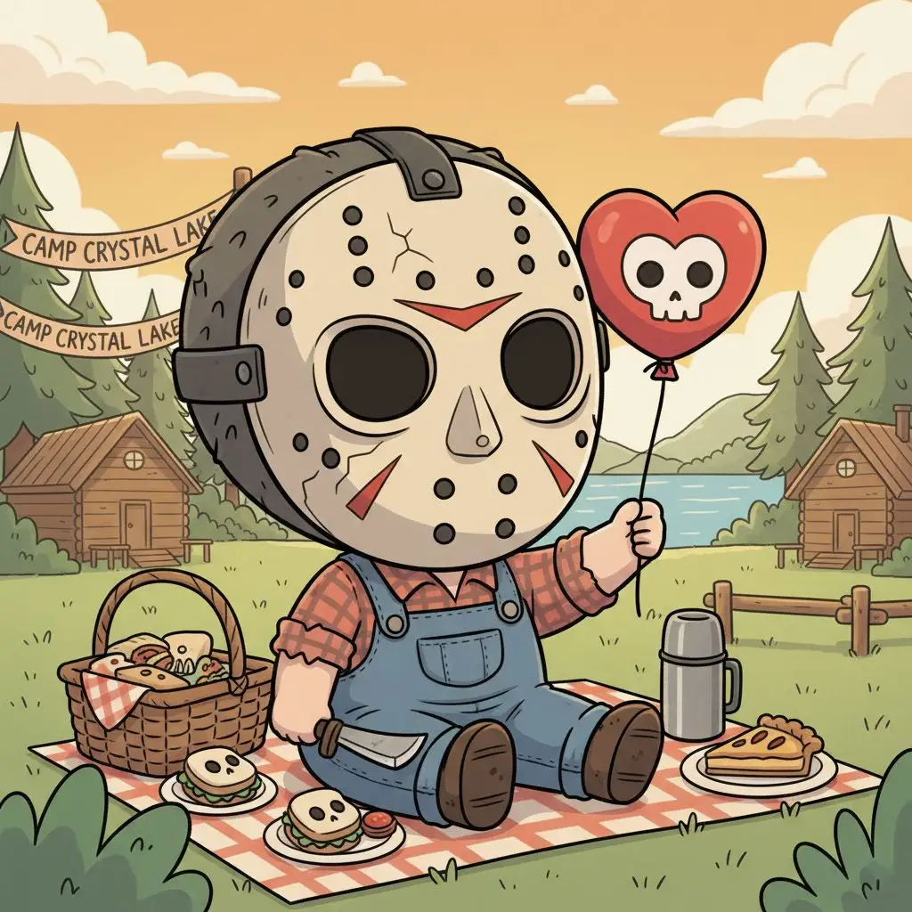 Cute chibi Jason Voorhees fan art at a picnic