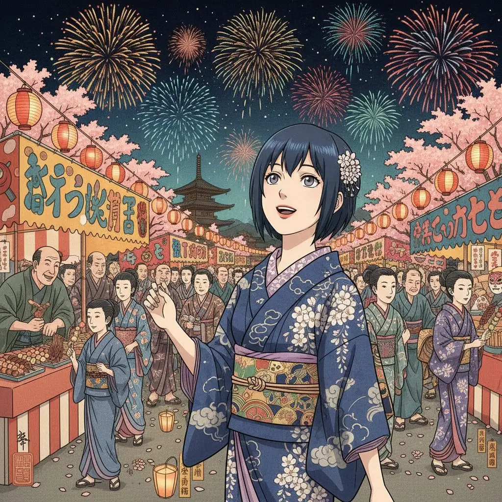 Hinata in a yukata at a vibrant village festival with fireworks.
