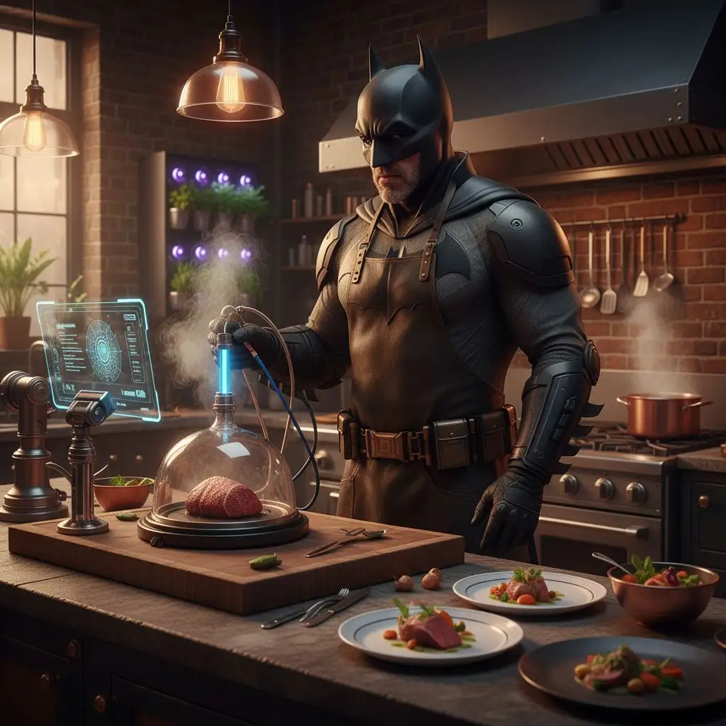 Rugged Batman (Alan Ritchson/Ben Affleck type) cooking in a high-tech kitchen, gritty realism.