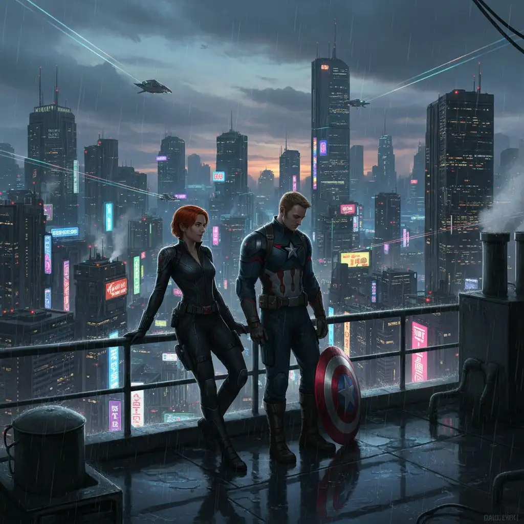 Black Widow and Captain America on a cyberpunk rooftop, urban duo.