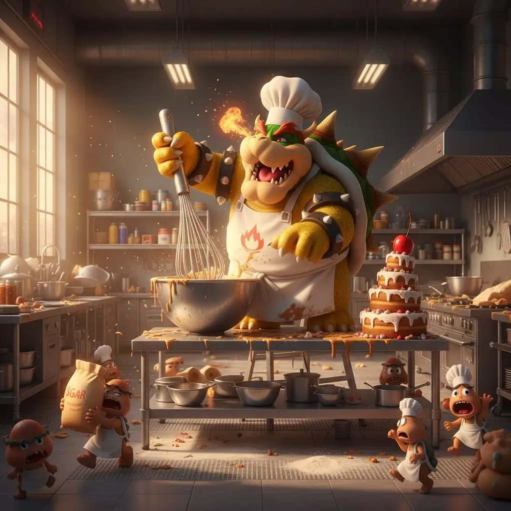 Bowser baking a giant cake in a professional kitchen, Bowser fan art.