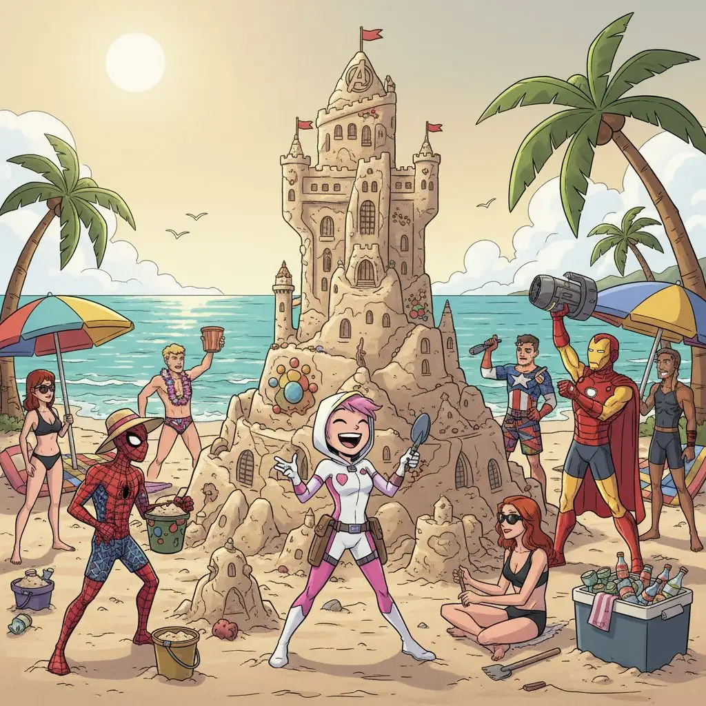 Gwenpool beach party building Avengers sandcastle.