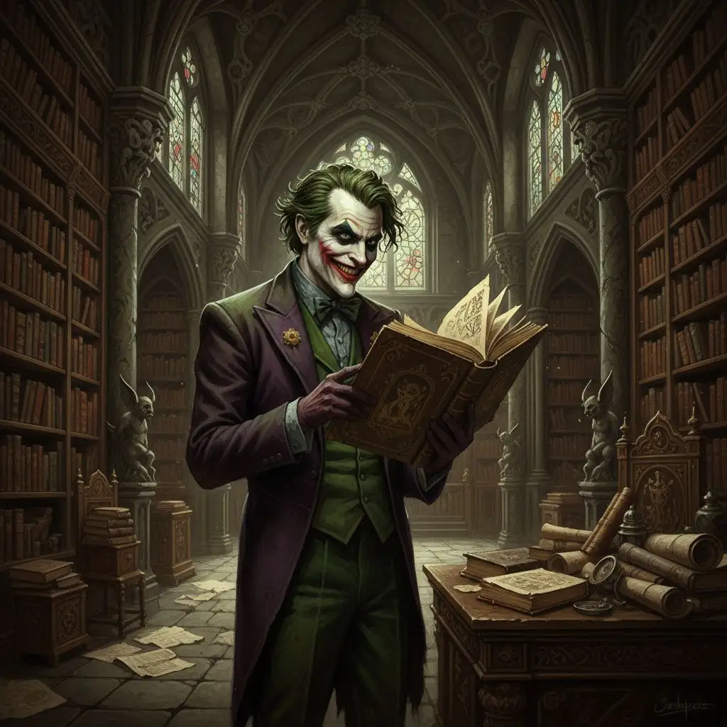 The Joker browsing books in a grand, Gothic library, gothic art style.