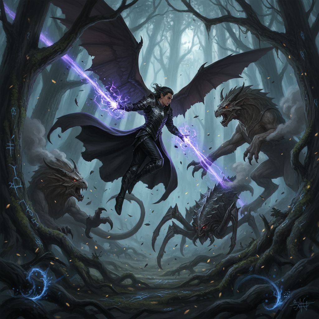 Rhysand in battle leathers fighting beasts in a dark, magical forest.