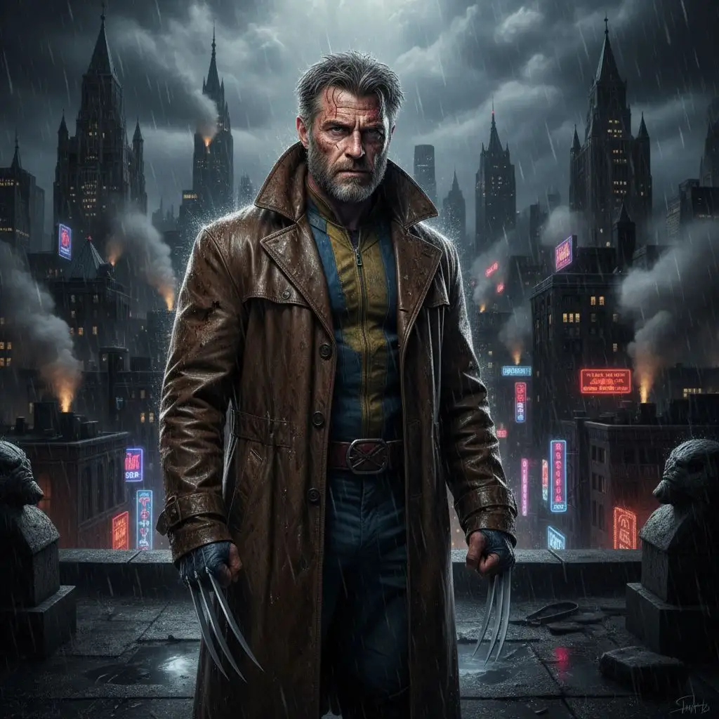 Wolverine in trench coat on rainy noir city rooftop, cinematic realism.