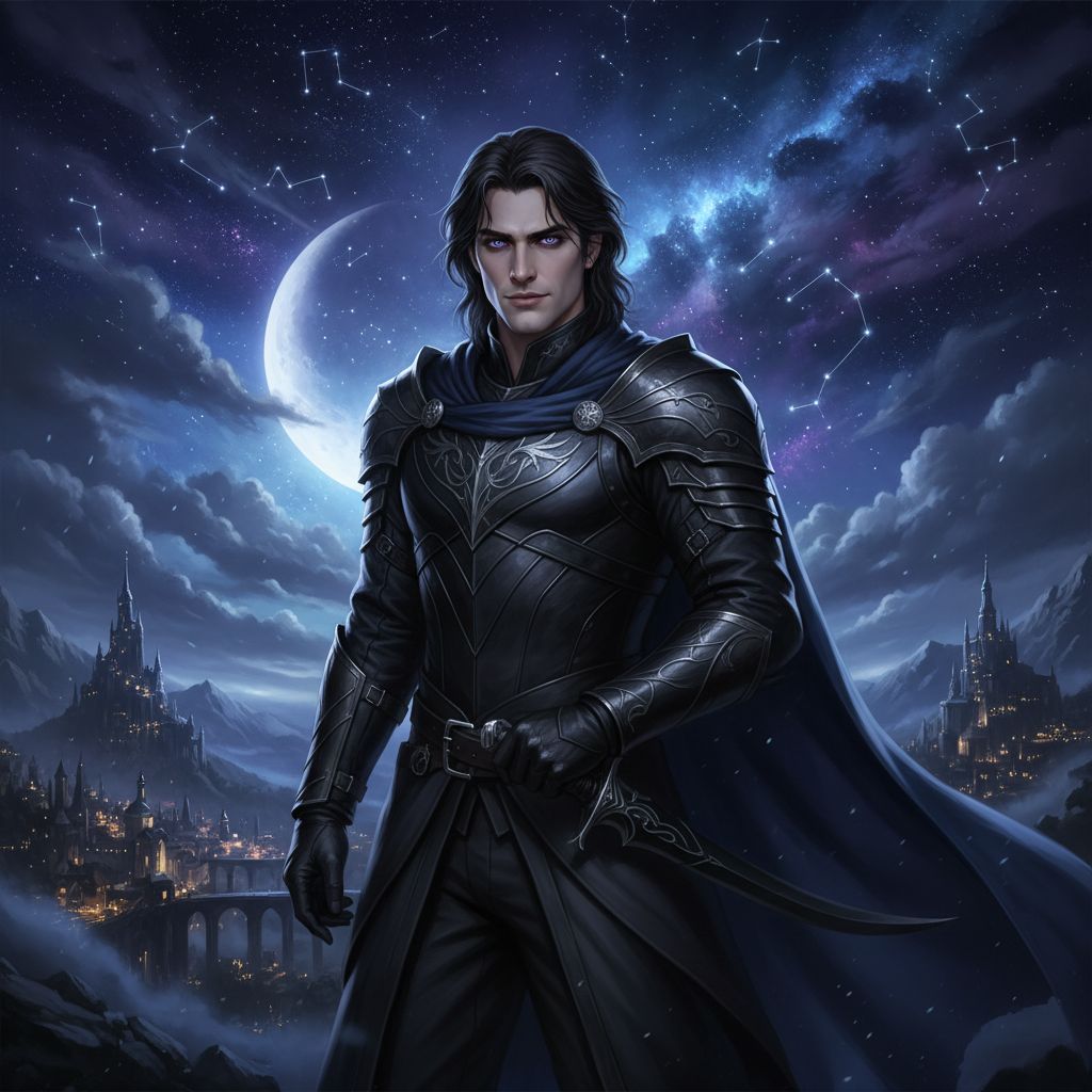 Striking portrait of Rhysand against a starry Velaris sky, powerful and alluring.