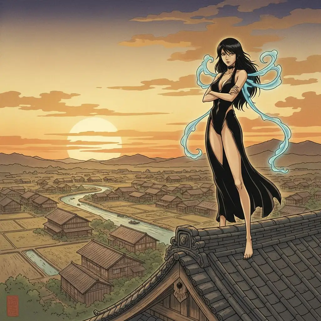 Yoruichi Fan Art showing Yoruichi in Flash God attire on a temple roof