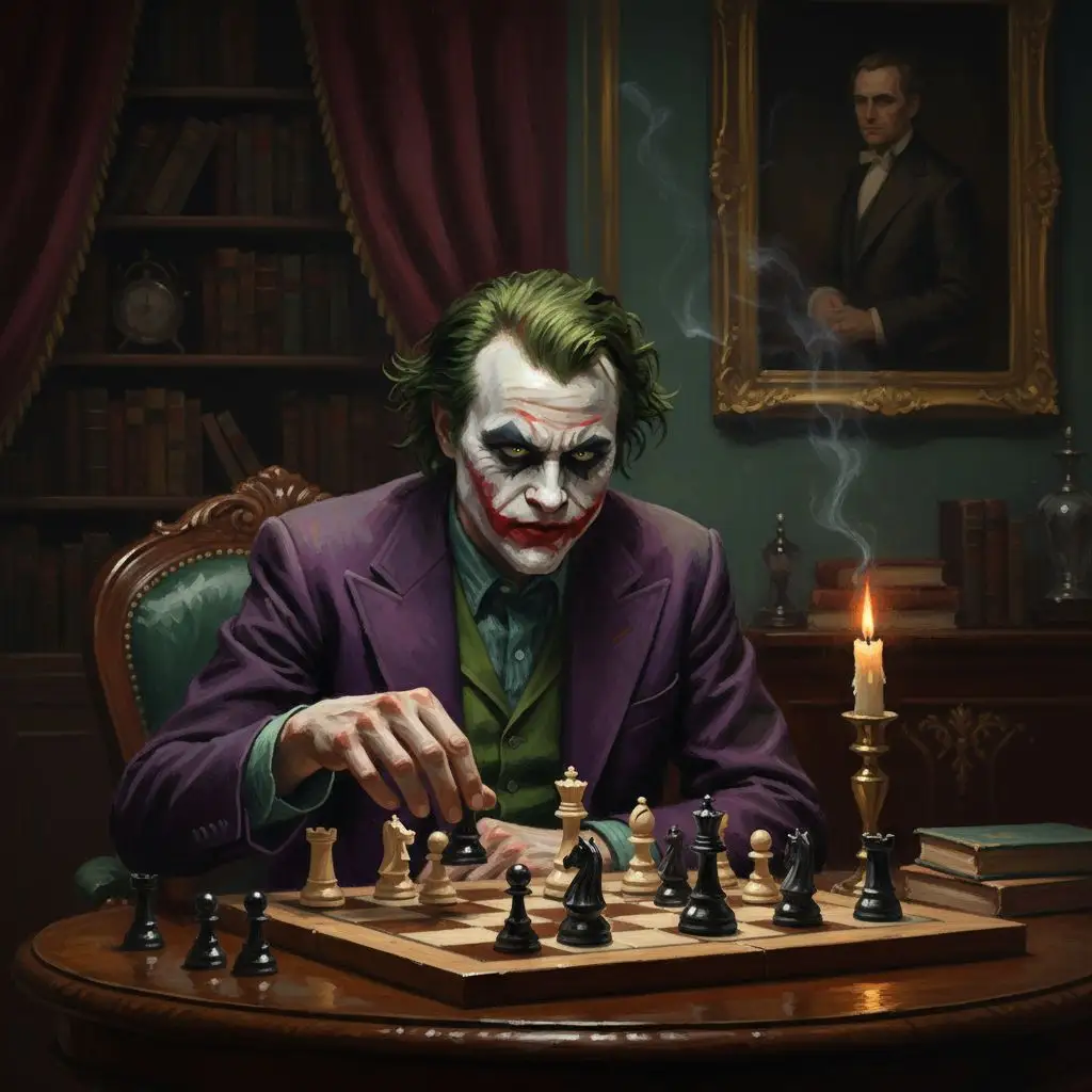 The Joker playing chess in a dark, opulent room, oil painting style.