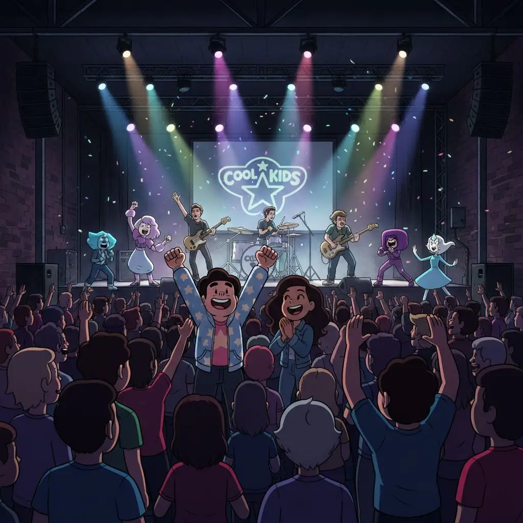Steven Universe at a vibrant music concert, cheering with friends.