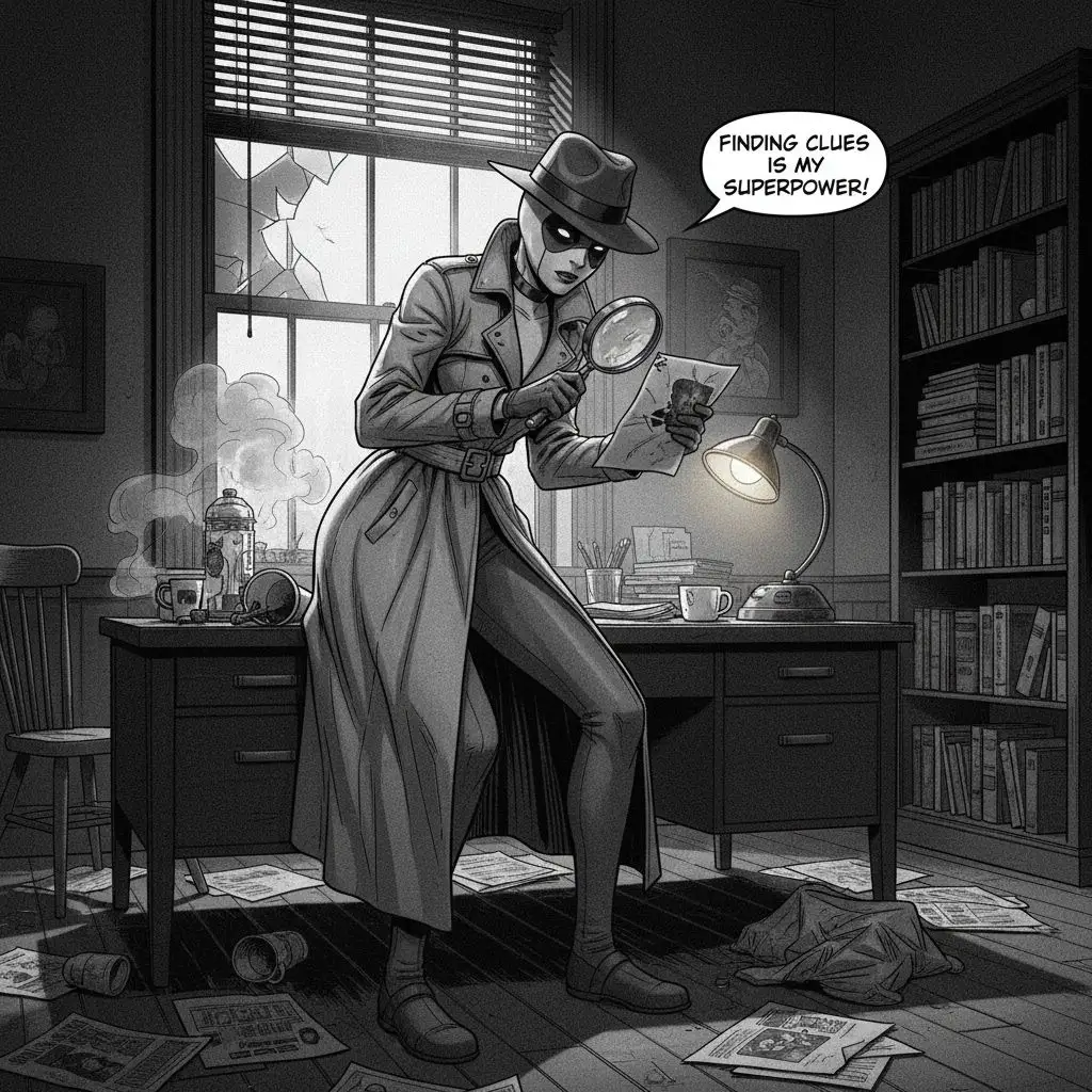 Gwenpool as a noir detective examining clues.