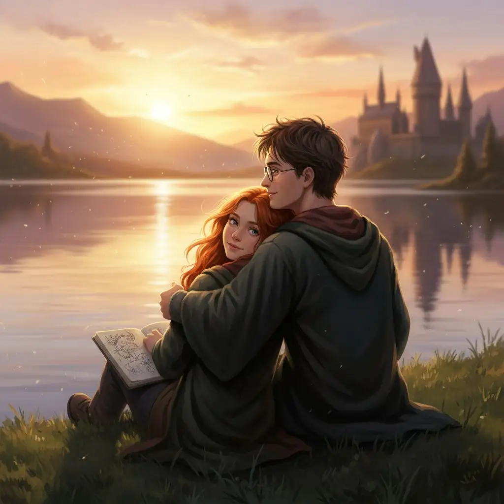 Harry Potter and Ginny Weasley sharing a romantic moment by the Black Lake, fan art.