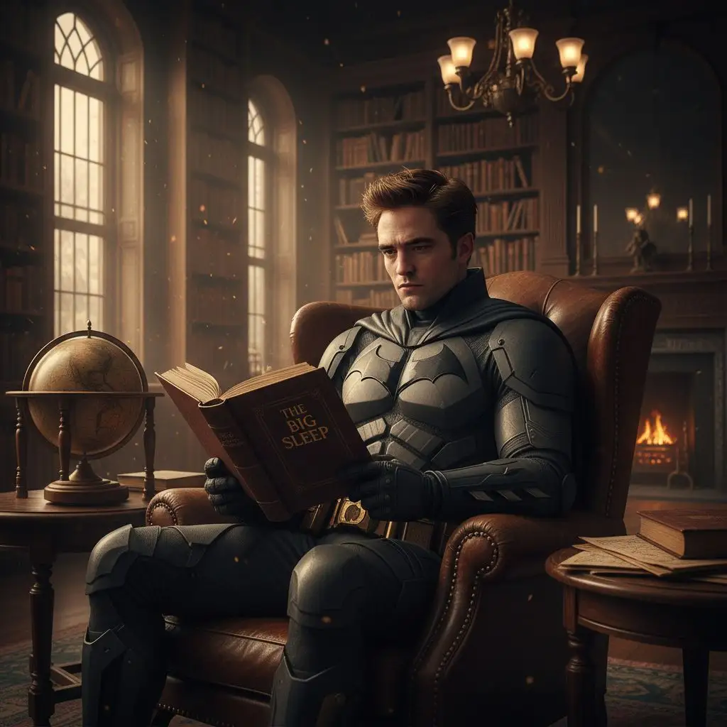 Robert Pattinson's Batman reading in an old library, dark academia aesthetic.