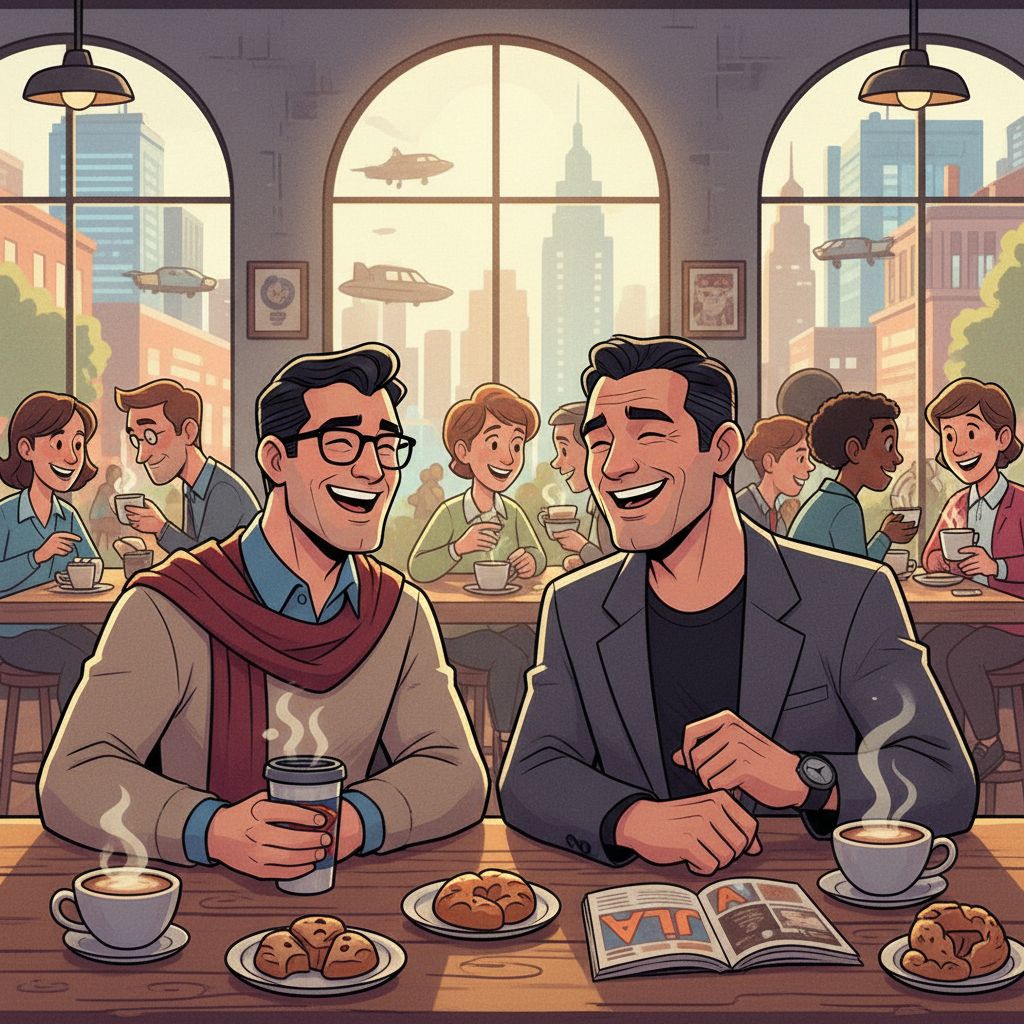 Batman and Superman laughing in a coffee shop, stylized art.