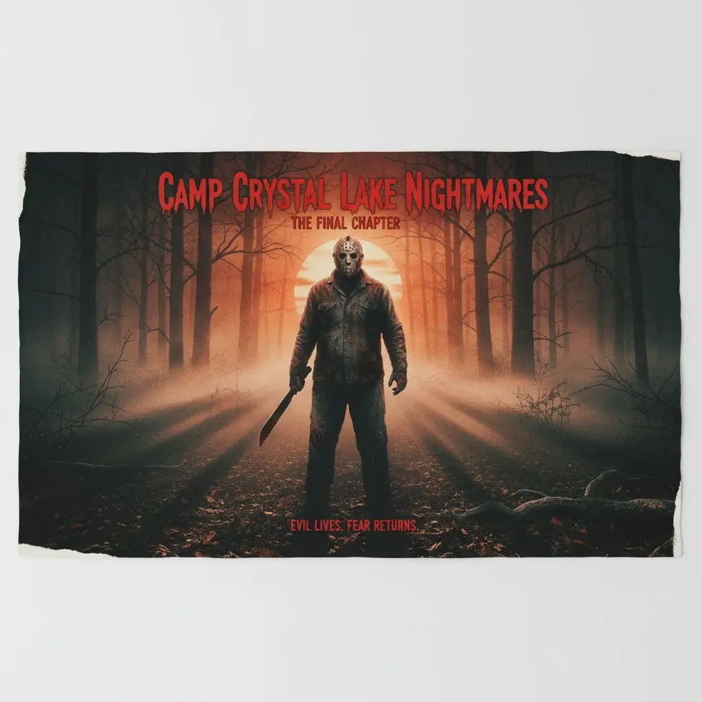 Jason Voorhees fan art in a misty forest, horror movie style