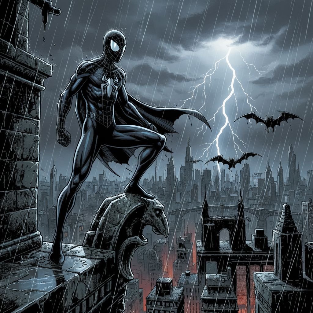 Black suit Spiderman on a rainy gothic rooftop, noir style