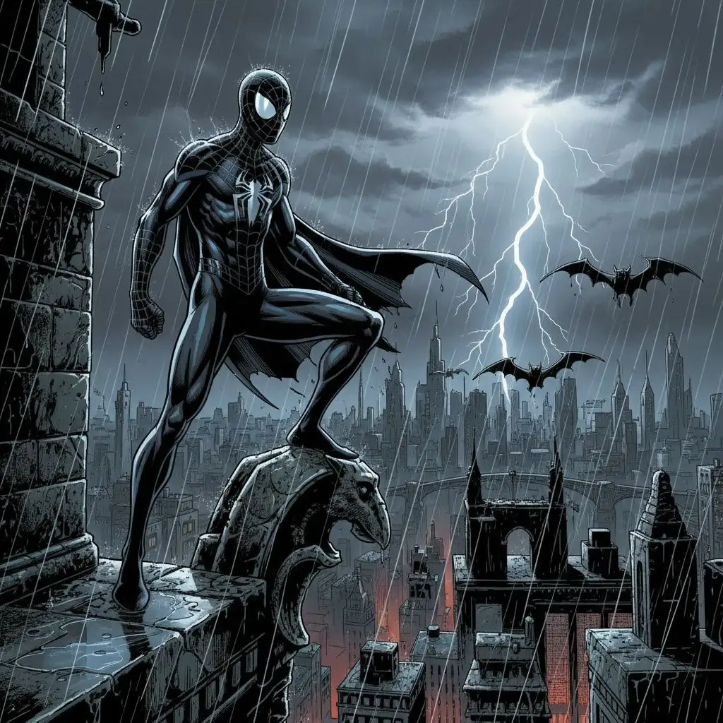 Black suit Spiderman on a rainy gothic rooftop, noir style