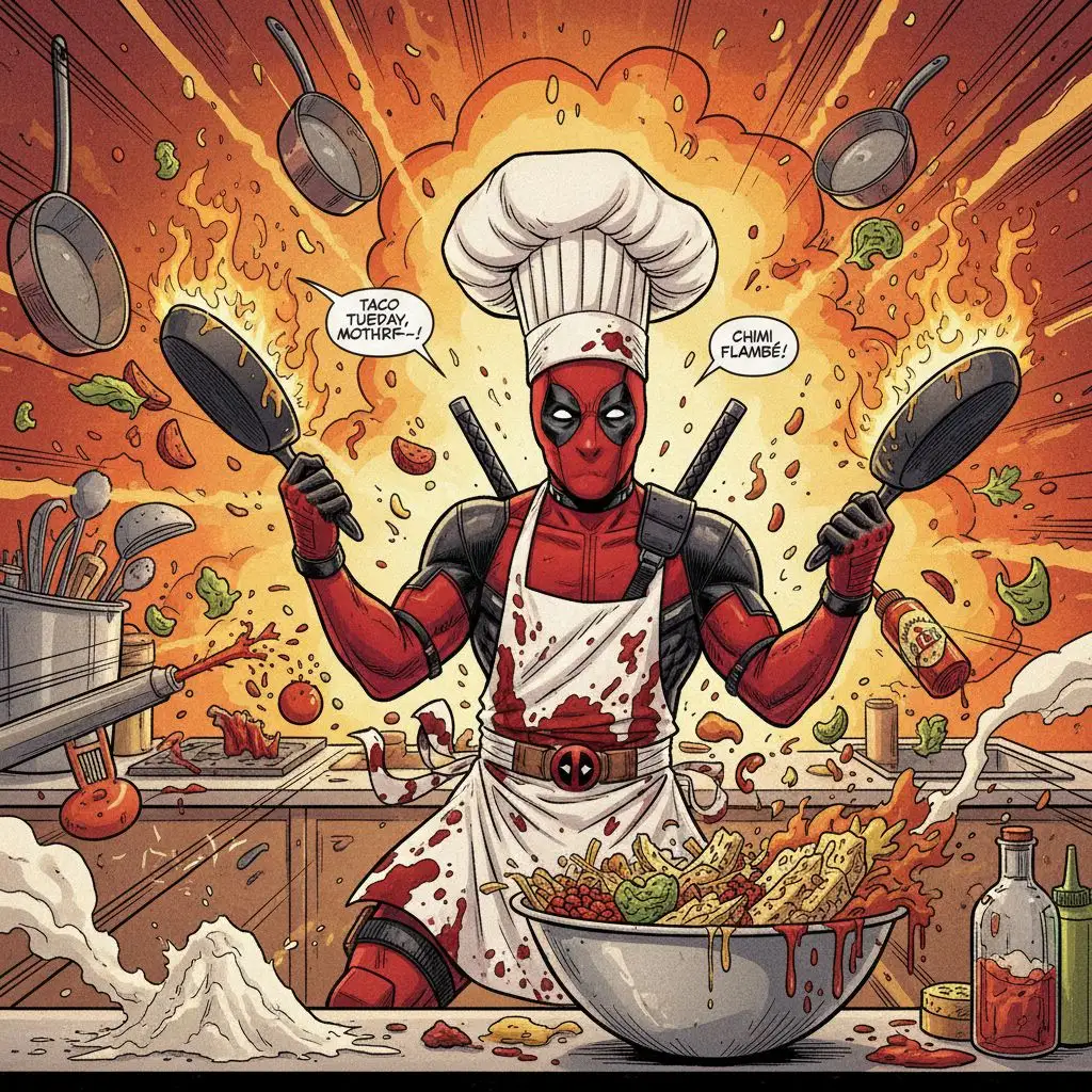 Deadpool as a chef, juggling frying pans in a busy kitchen with chimichangas.