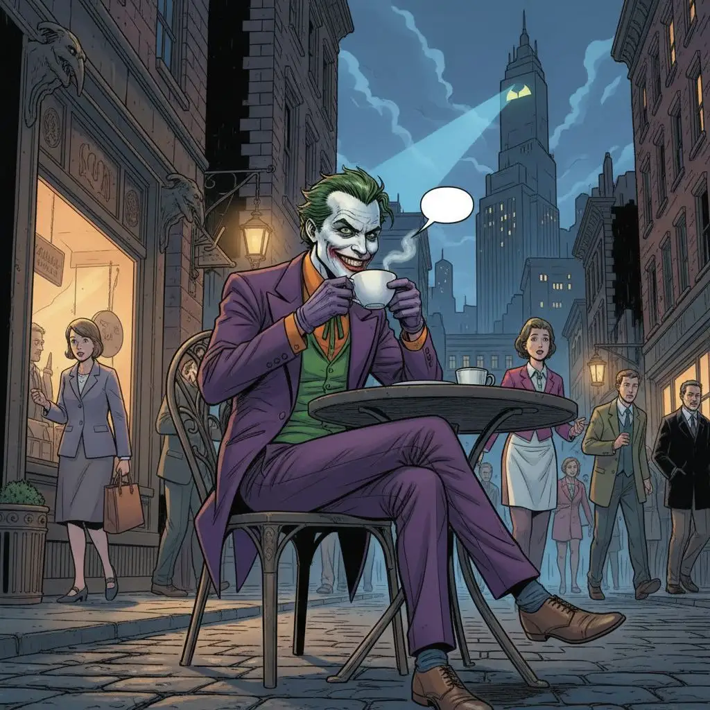 The Joker enjoying coffee at an outdoor Gotham cafe, comic book style.