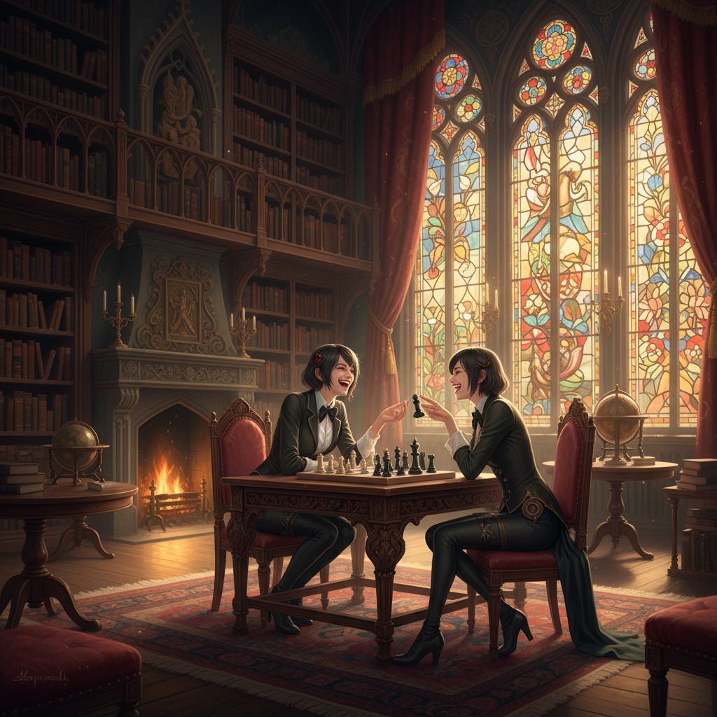 Bayonetta and Jeanne playing chess in a gothic library, realistic rendering.
