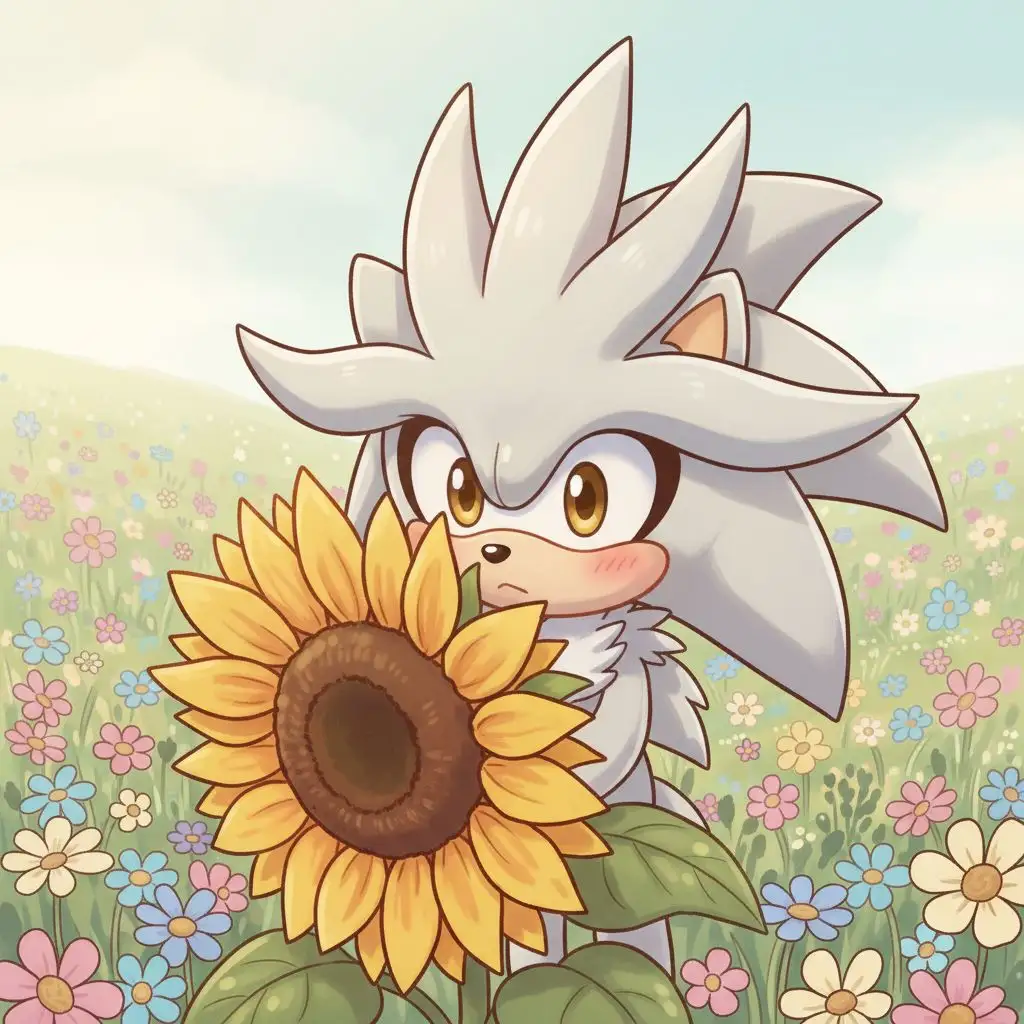 Cute Silver the Hedgehog peeking from a sunflower, chibi illustrative style.