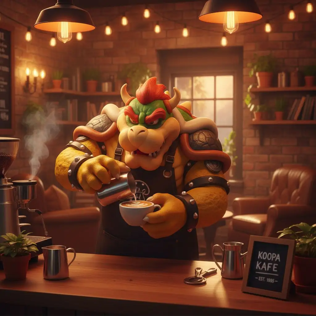 Bowser the barista making latte art in a coffee shop, Bowser fan art.