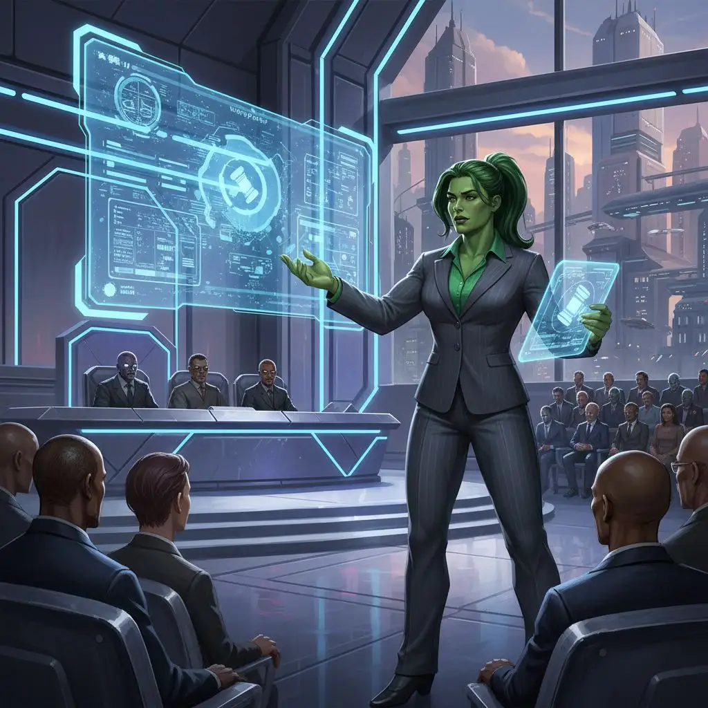 She Hulk in a futuristic courtroom, demonstrating her legal prowess.