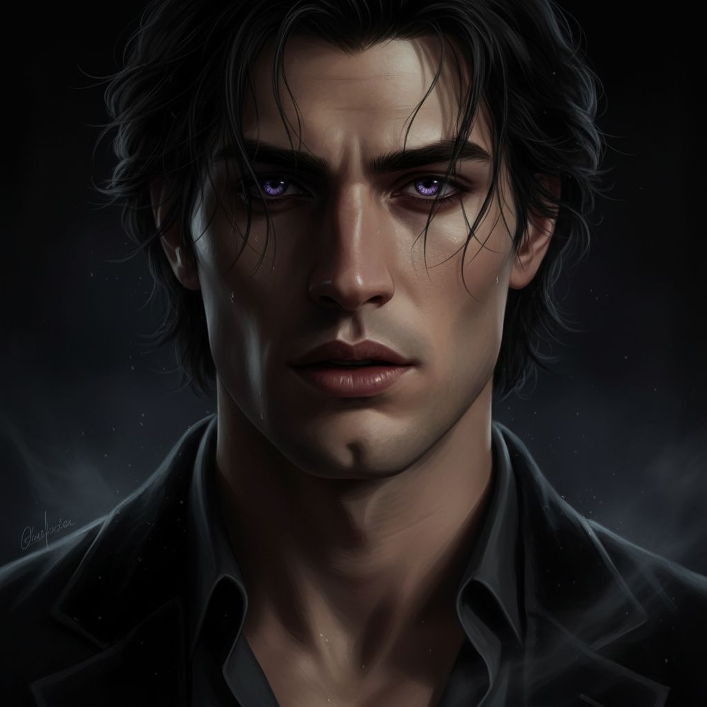 Close-up sensual portrait of Rhysand, smoldering eyes, dark hair, alluring charm.