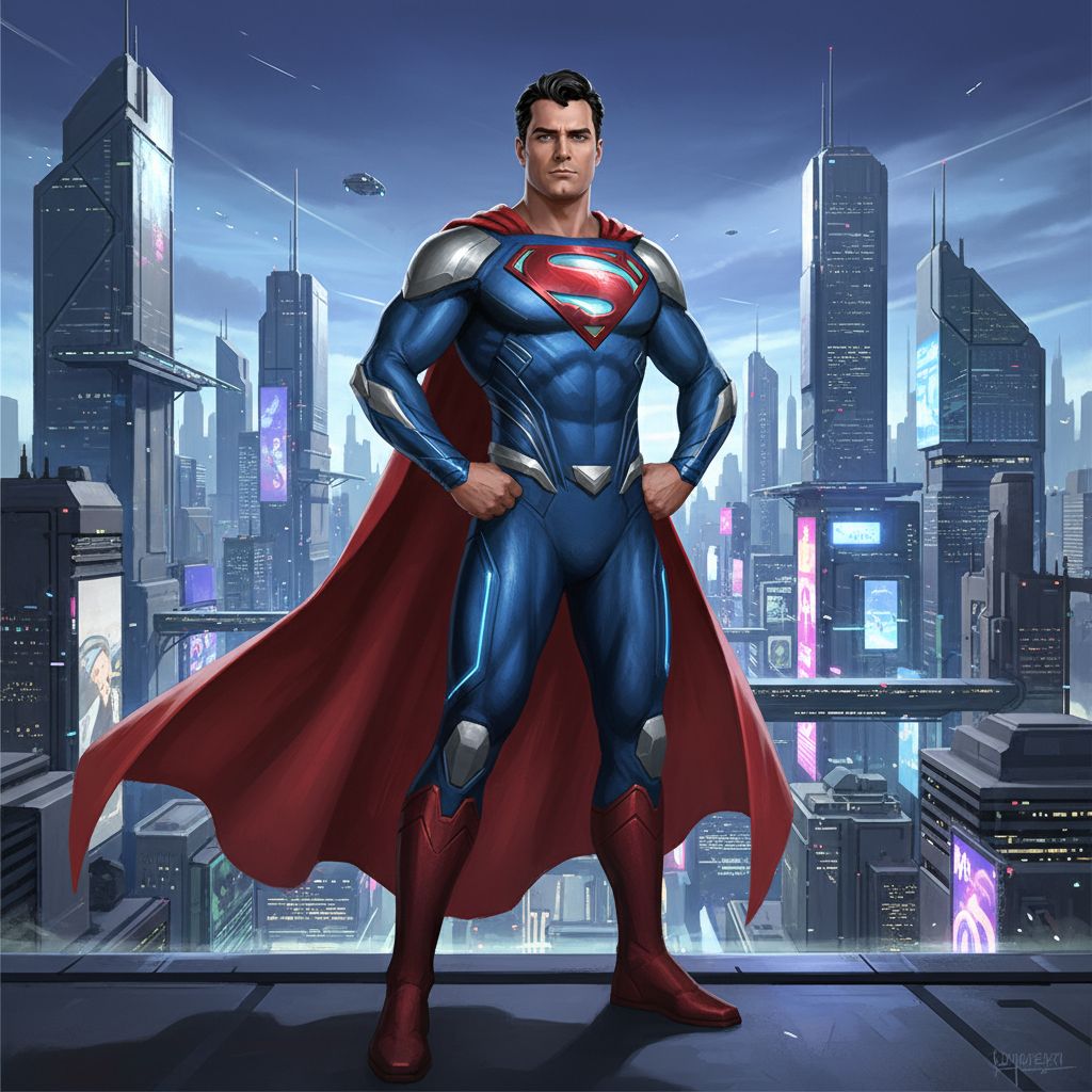 Superman 2025 futuristic suit concept in a high-tech city.