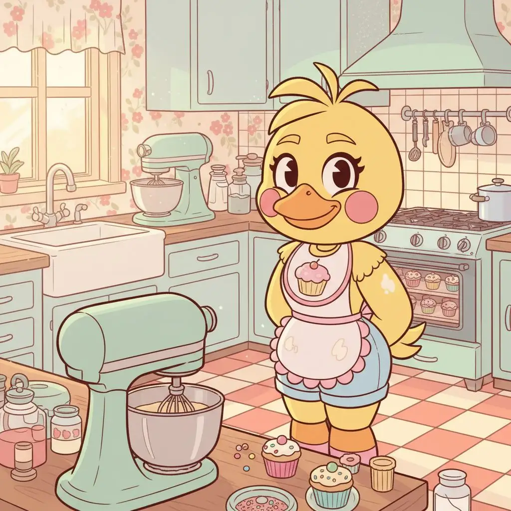 Gentle Toy Chica baking cupcakes in a cheerful vintage kitchen, pastel cartoon style.