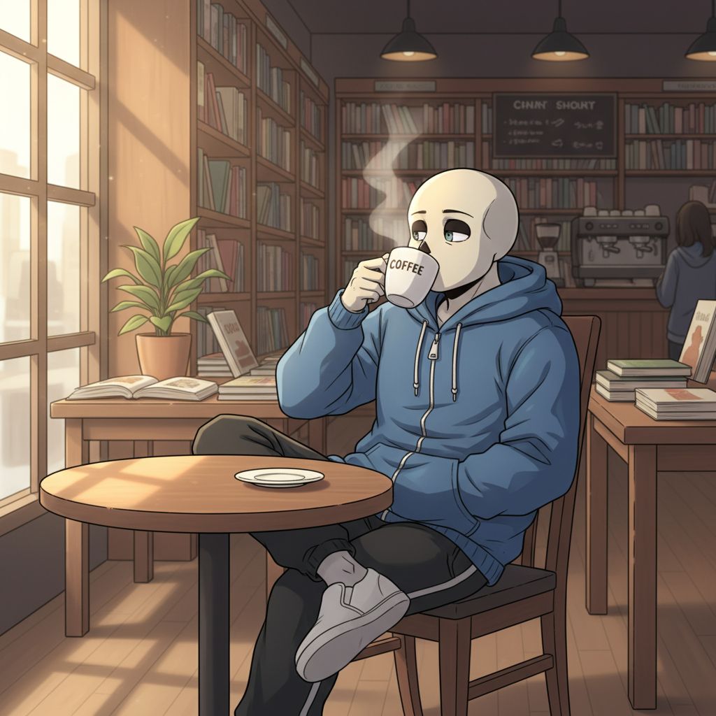 Humanized Sans drinking coffee in a cozy bookstore cafe.