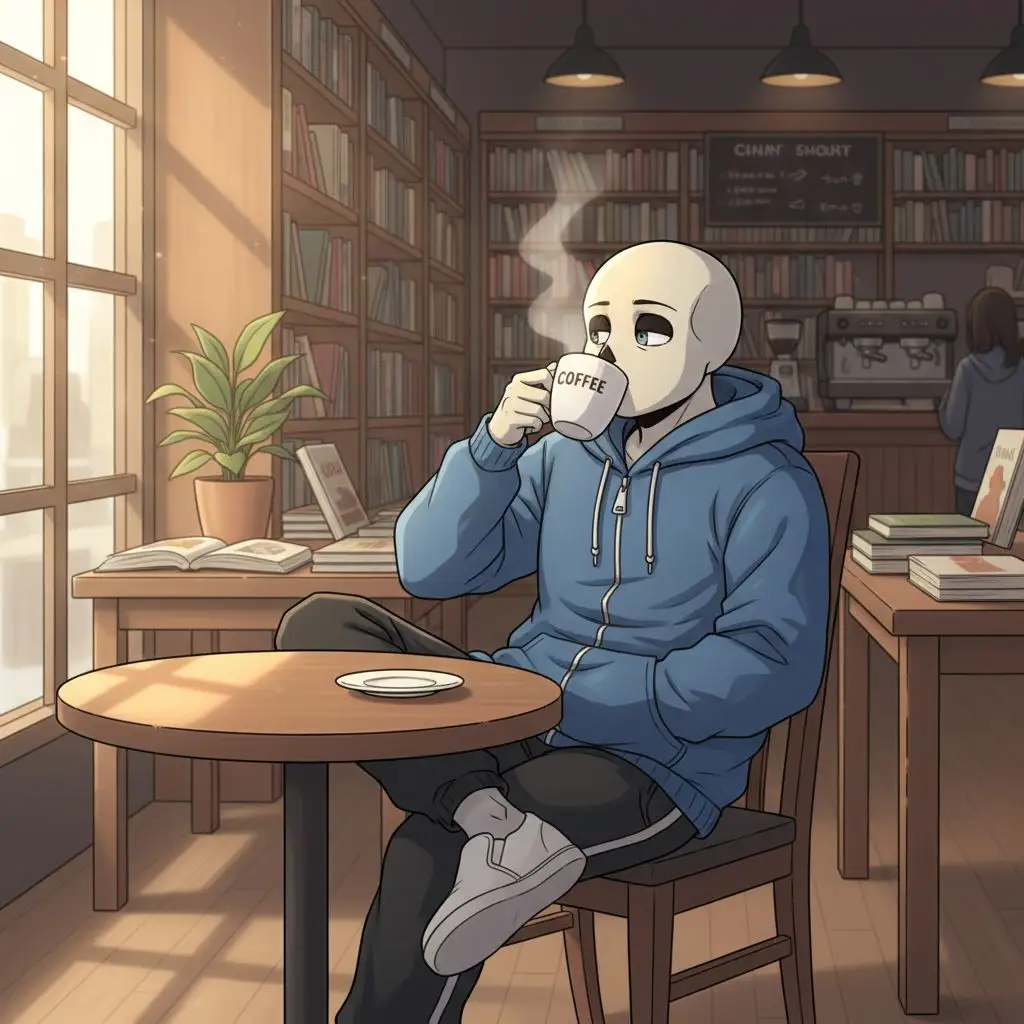 Humanized Sans drinking coffee in a cozy bookstore cafe.