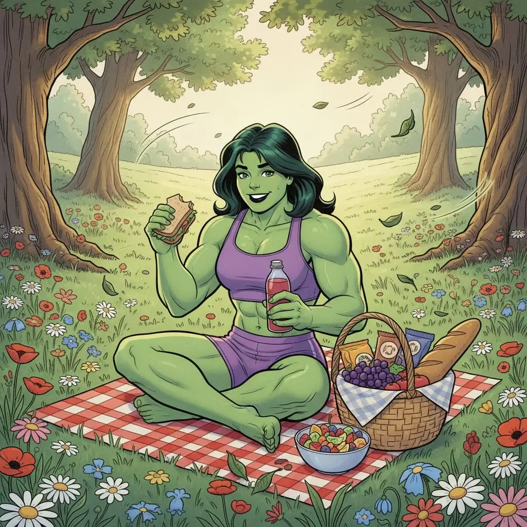 She Hulk enjoying a peaceful picnic in a vibrant meadow.