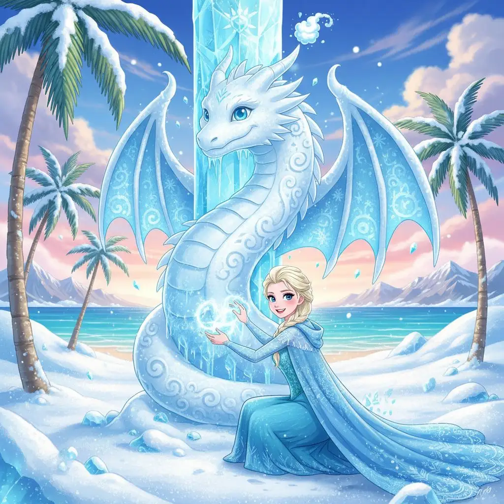 Anime style Elsa building a snow dragon sculpture on a snowy beach.