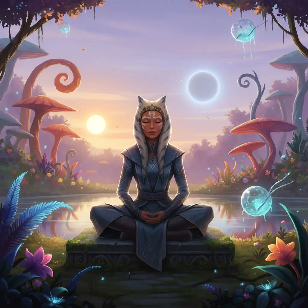 Ahsoka Tano meditating in a peaceful garden
