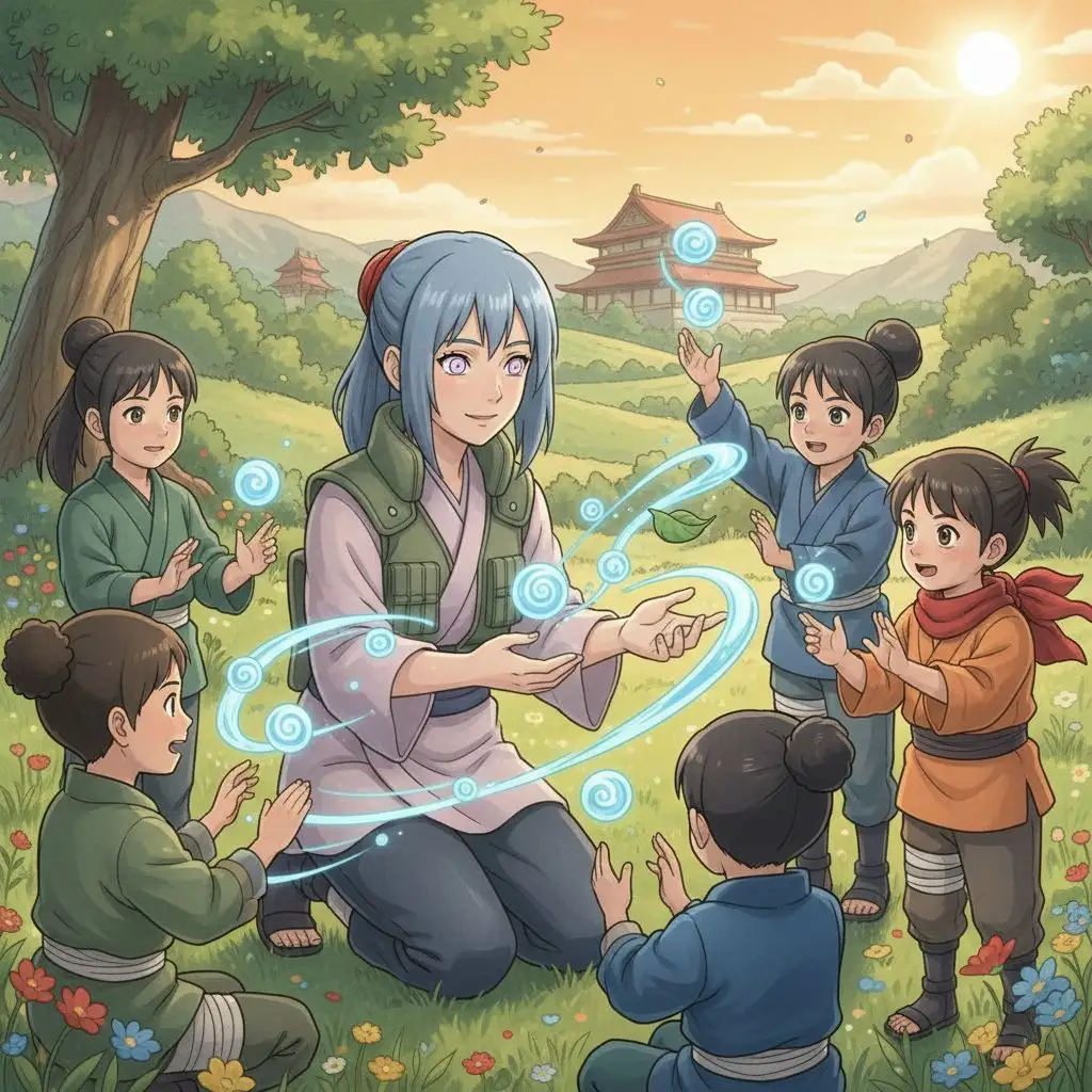 Hinata teaching young ninjas chakra control in a sunlit training field.