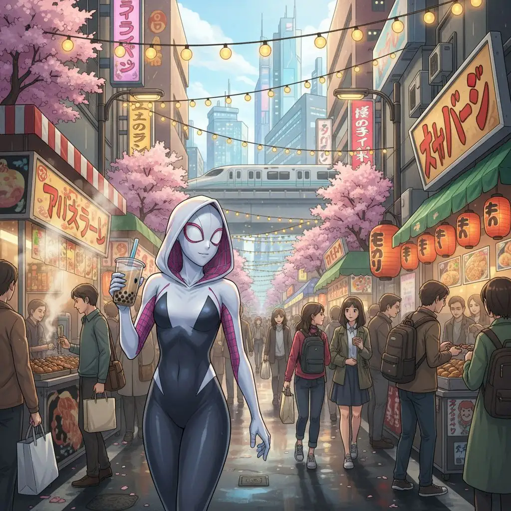 Anime Spider Gwen walking through a Tokyo street market, urban anime art.