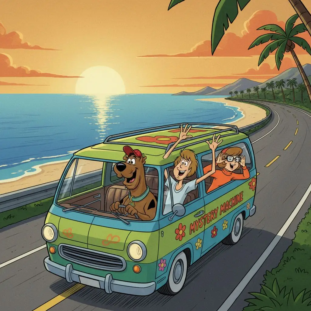 Scooby Doo, Shaggy, and Velma in the Mystery Machine driving on a sunny coast.