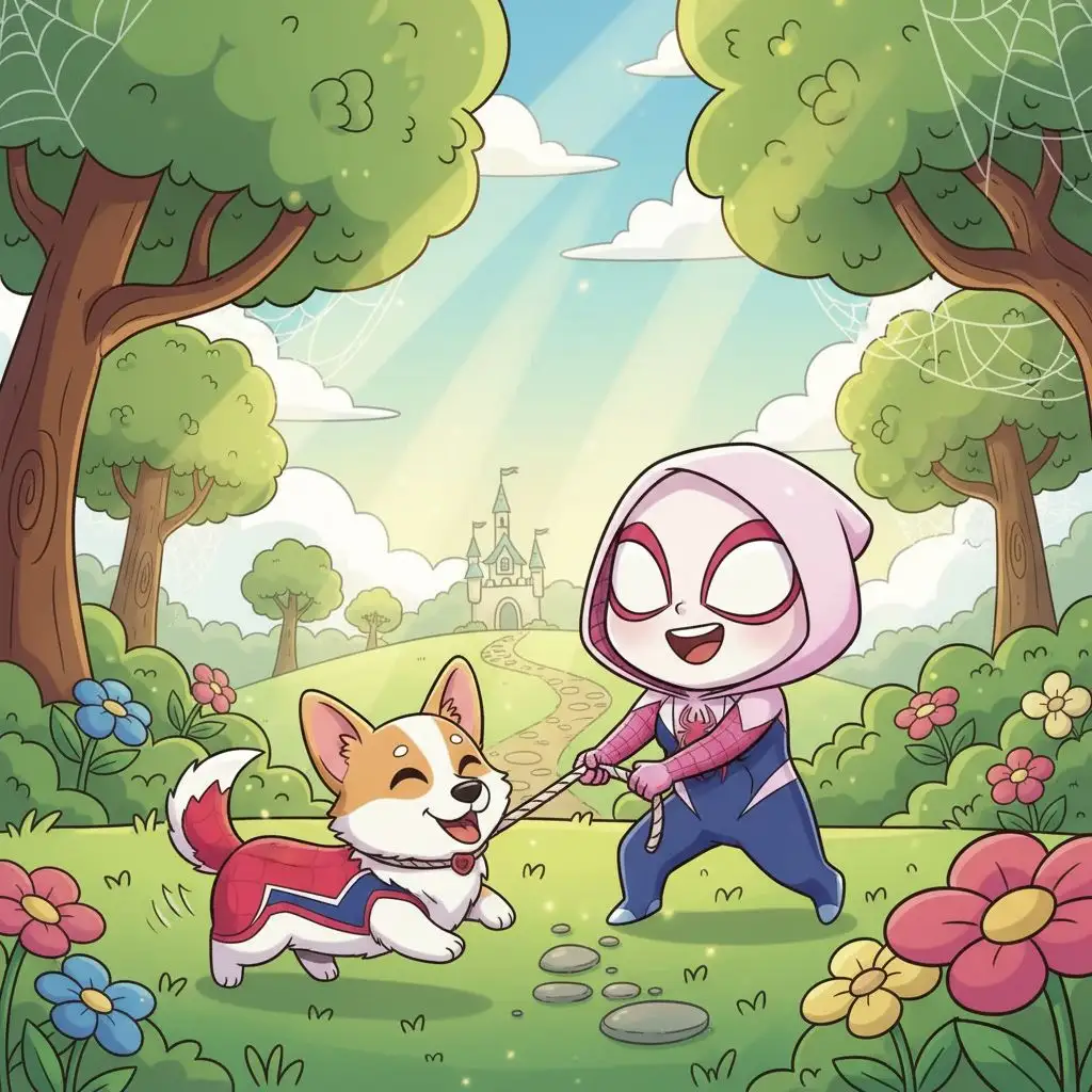 Cute chibi Spider Gwen playing with a Spider-Dog in a park, cartoon illustration.