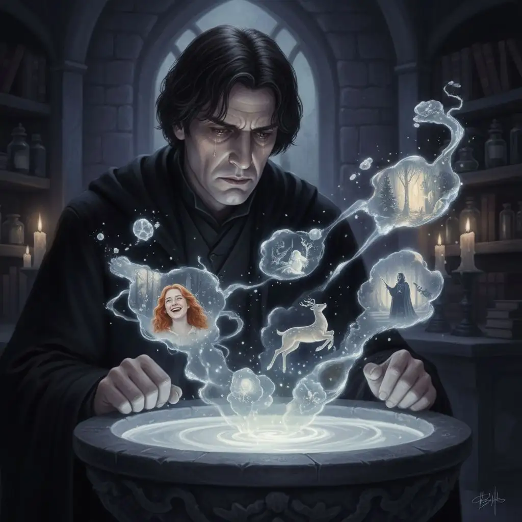 Severus Snape contemplating memories in the Pensieve.