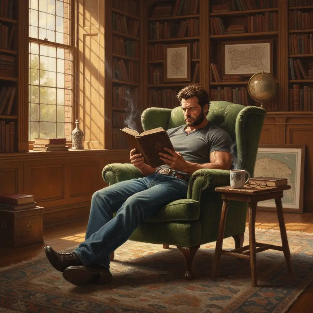 Wolverine reading a book in a cozy library, realistic painting.