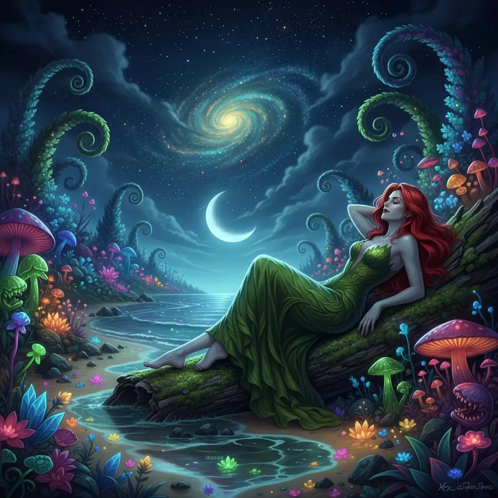 Poison Ivy relaxing on a bioluminescent beach at night, serene art.