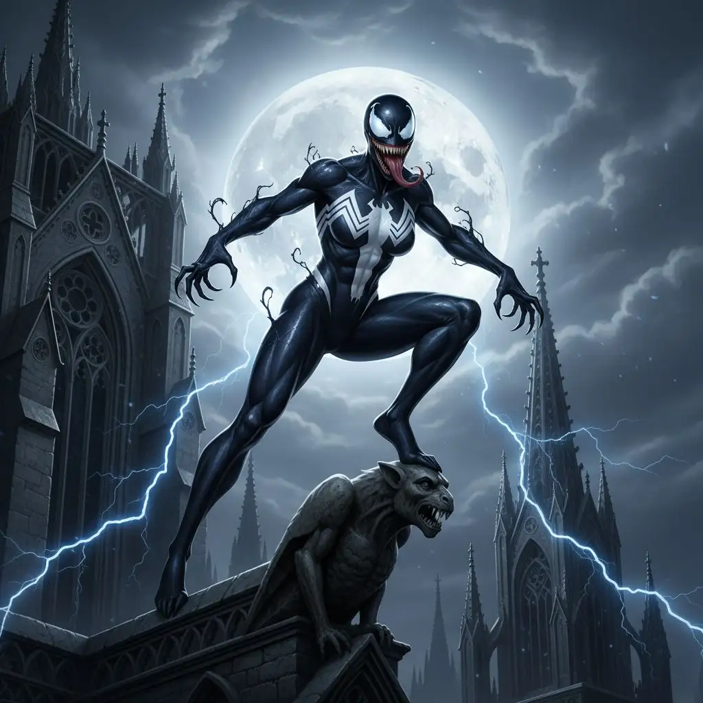 She-Venom fan art on a gothic cathedral, dramatic moonlight.
